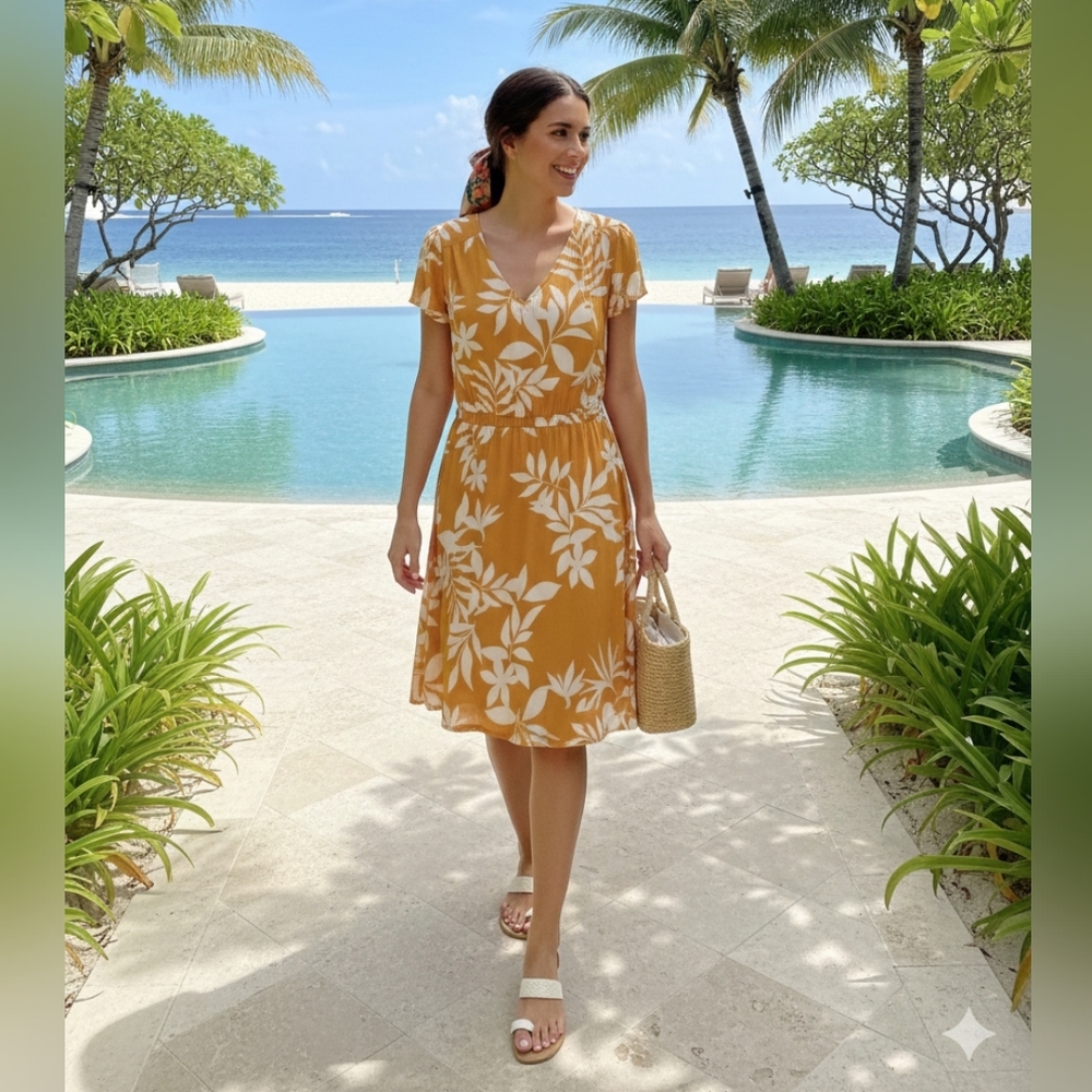 Old Navy Boho Mustard Yellow Floral Flutter Sleeve Rayon Mini Dress Cottagecore - Picture 2 of 7